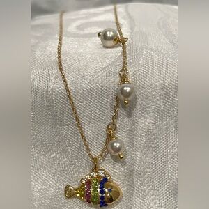 kate spade Gold-Tone Necklace with Ivory Pearl Drops and fish. NWT
